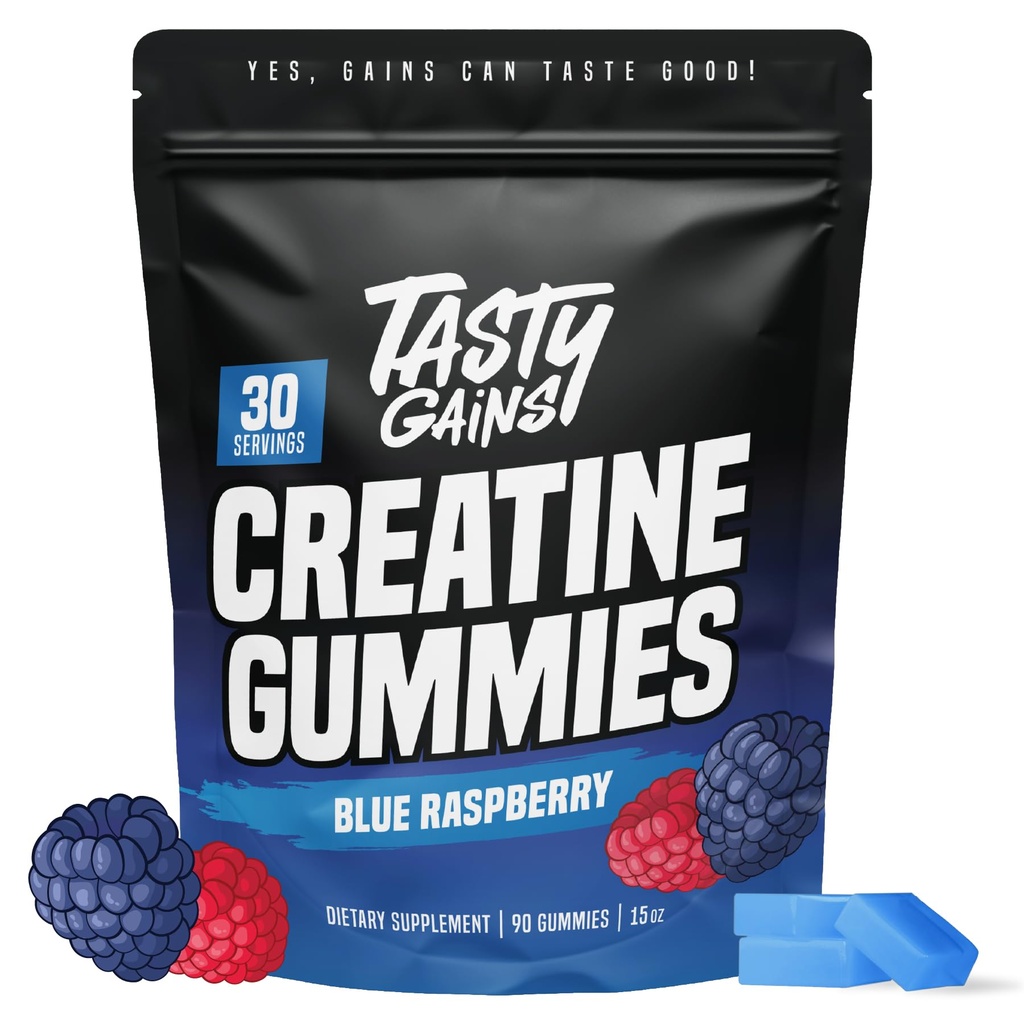 TASTY GAINS Kretine Gummies - 90g of Kretine Monohidrat - Workout Supplements - Build Muscle & Boost Strength for Men & Women - Made in USA - Non GMO - Vegan Dostu (Large, Blue Raspberry)