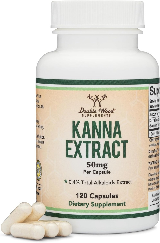 Kanna Extract Supplement (Sceletium Tortuosum) - 50 mg Per Capsules, 120 Kont - Rahatlama ve Zihin Huzuru (yüzde 4,4 Toplam Alkaloids) Non-GMO, Gluten Free, Vegan Safe by Double Wood