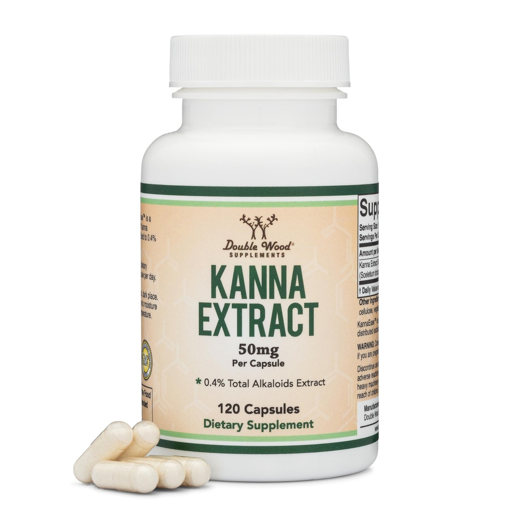 Kanna Extract Supplement (Sceletium Tortuosum) - 50 mg Per Capsules, 120 Kont - Rahatlama ve Zihin Huzuru (yüzde 4,4 Toplam Alkaloids) Non-GMO, Gluten Free, Vegan Safe by Double Wood