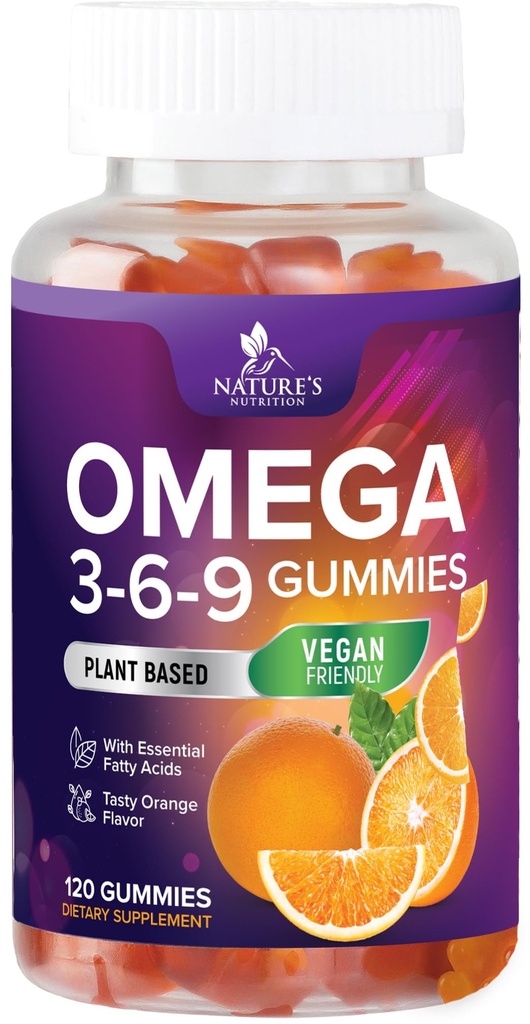 Omega 369 Gummies - Vegan Triple Omega 3 Supplement Gummy - Essential Fatty Acids Oil 3 6 9 Komplek Kalp Desteği ve Kadın, Erkekler ve Hamile, Balık Ücretsiz Non-GMO, Orange - 120 Gummies