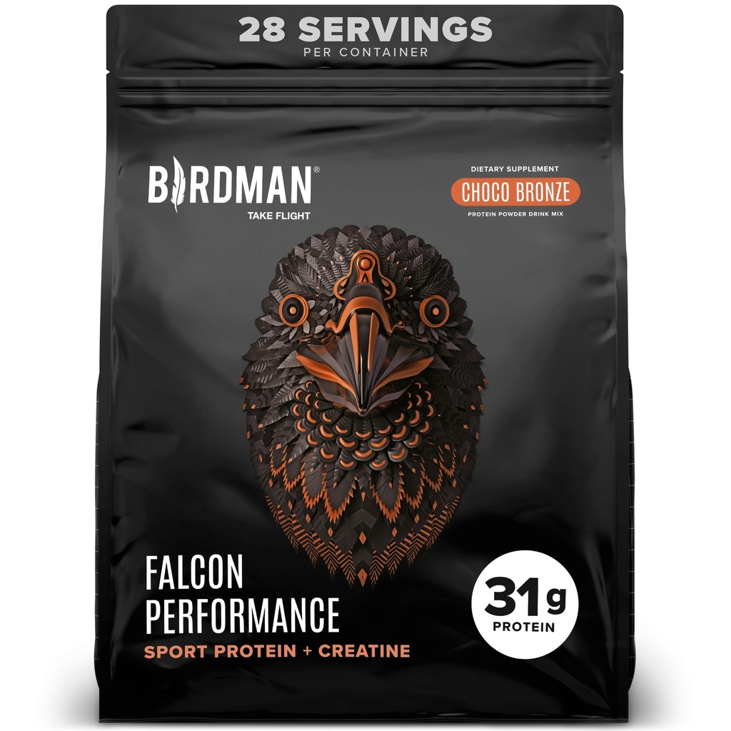 Πρωτεΐνη Vegan απόδοσης Birdman Falcon σκόνη, 31g πρωτεΐνη, 5g κρεατίνη, 5g BCAA, προβιοτικά, ηλεκτρολύτες, προ προπόνηση, χαμηλή υδατάνθρακες, ζάχαρη χωρίς & γαλακτοκομικά, σοκολάτα με βάση το φυτό πρωτεΐνη, 28 μερίδες