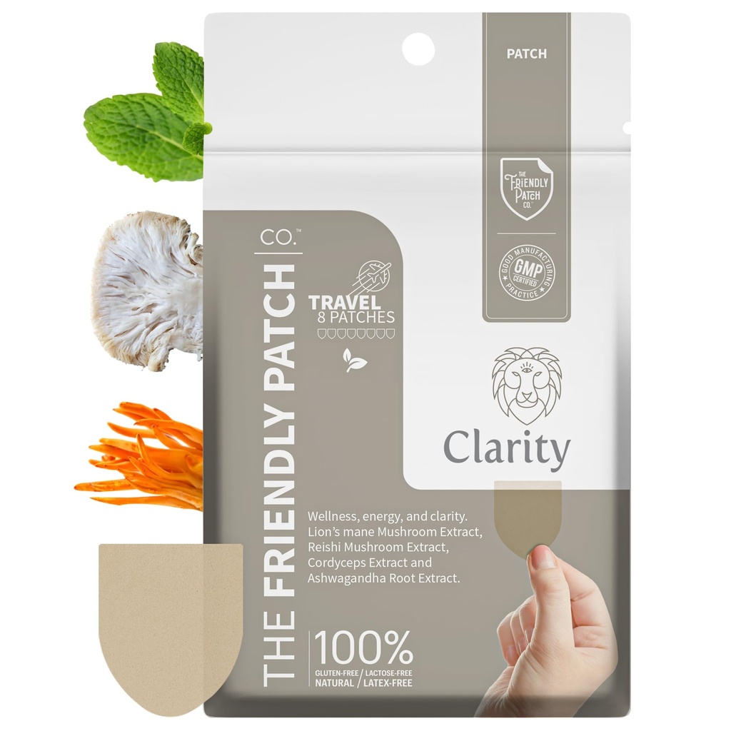 The Friendly Patch – Clarity Mushroom Patches with Lion's Mane Mushroom, Reishi, Cordyceps & Ashwagandha – Nootropic Energy, Memory, Focus for Women and Men 8 Pack