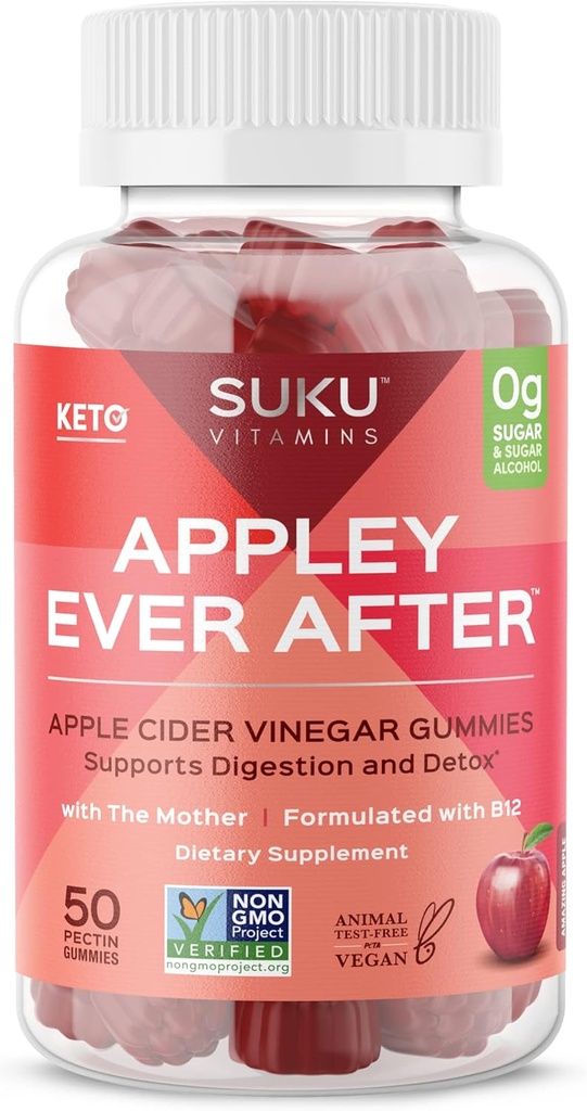 SUKU Appley Ever After Gummies – Apple Cider Vinegar with Me12 & Folate – Sugar-Free, Gluten-Free, Vegan Detox & Energy Support – Amazing Apple Flavor – 50 Count