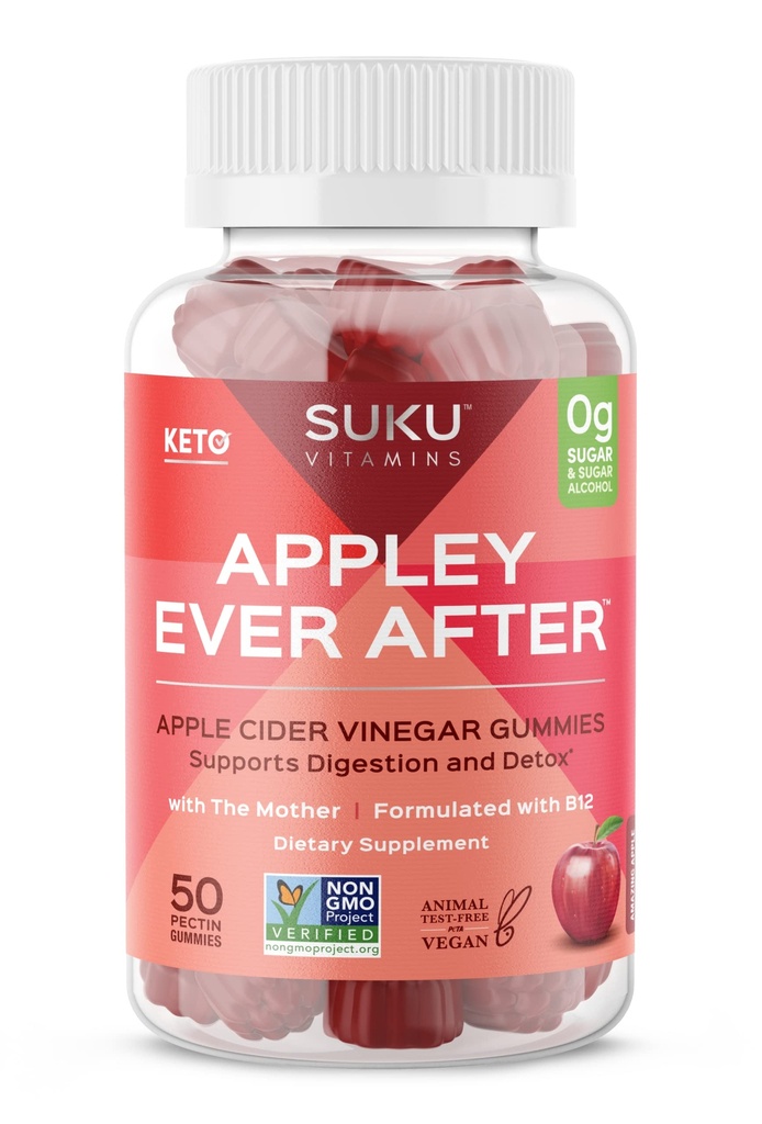 SUKU Appley Ever After Gummies – Apple Cider Vinegar with Me12 & Folate – Sugar-Free, Gluten-Free, Vegan Detox & Energy Support – Amazing Apple Flavor – 50 Count