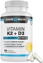 Βιταμίνη K2 D3 w/Calcium και Bioperine, Βιταμίνη K2 (MK7) με D3 συμπλήρωμα μη-GMO, Βιταμίνη D3, Βιταμίνη K2 MK-7 Εύκολο να καταπιούν το σύμπλεγμα βιταμίνης D & K, 60 κάψουλες