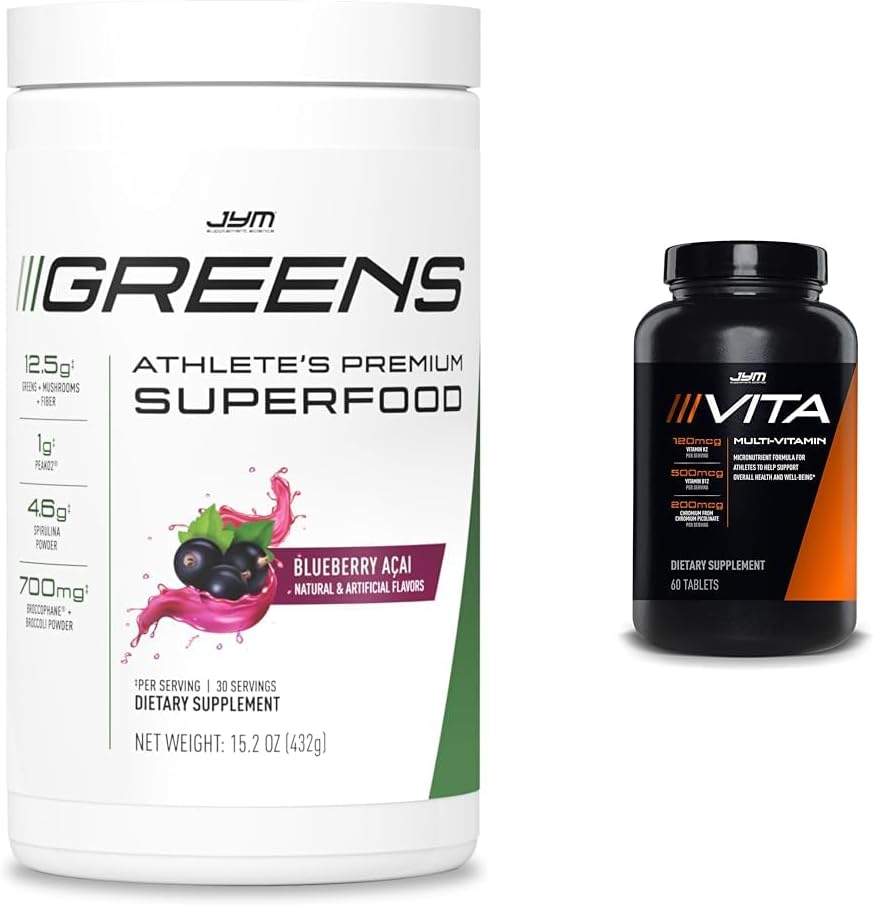 JYM Greens Super Food Blueberry Acai Toz Spirulina & Vita JYM Multivitamin for Athletes 60 Tablets