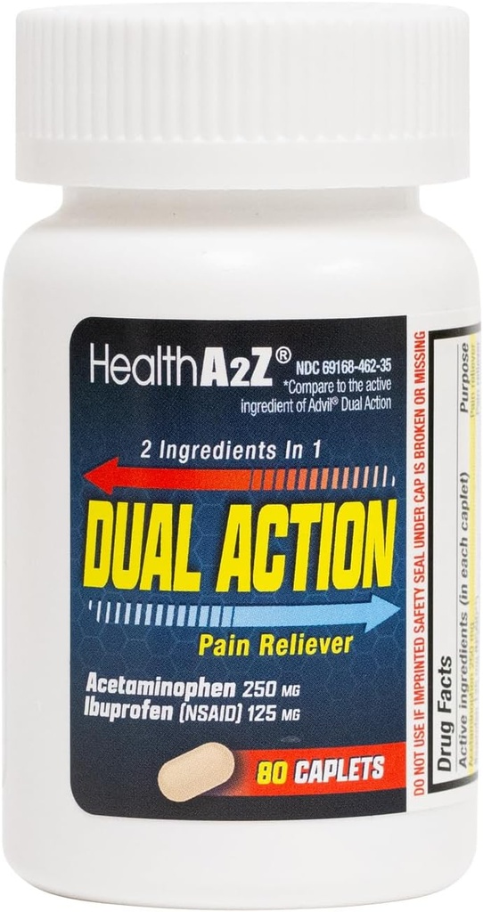 HealthA2Z® Dual Action Pain Relief | Acetaminophen 250mg & Ibuprofen 125mg (NSAID) | Two Medicines for Headache, Fever & Backache Relief | Pain Reliever & Fever Reducer | 80 Caplets