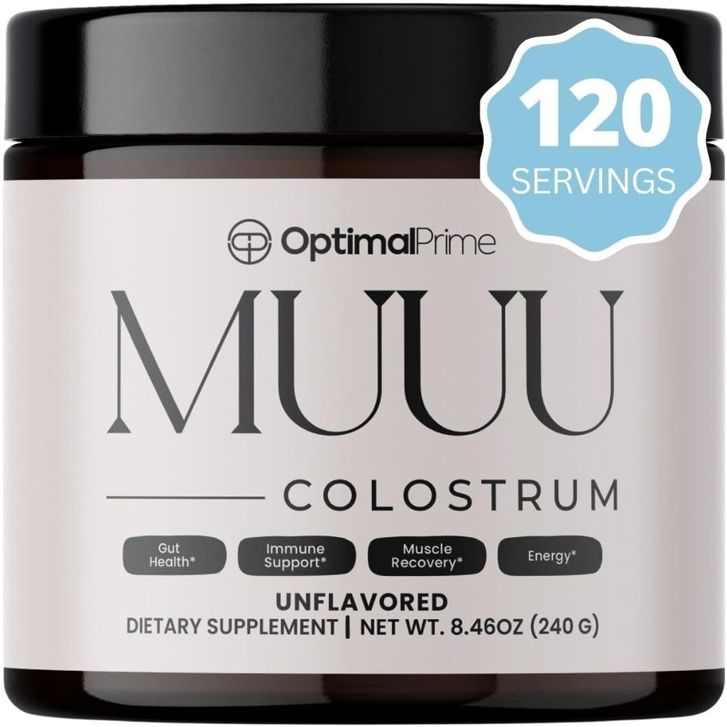 Optimal Prime - MUUU Bovine Colostrum Supplement ve Superfood Toz Gut Health, Bloating, Immune Support, Hair, Skin, and Nails Unflavored, 120 Hizmet