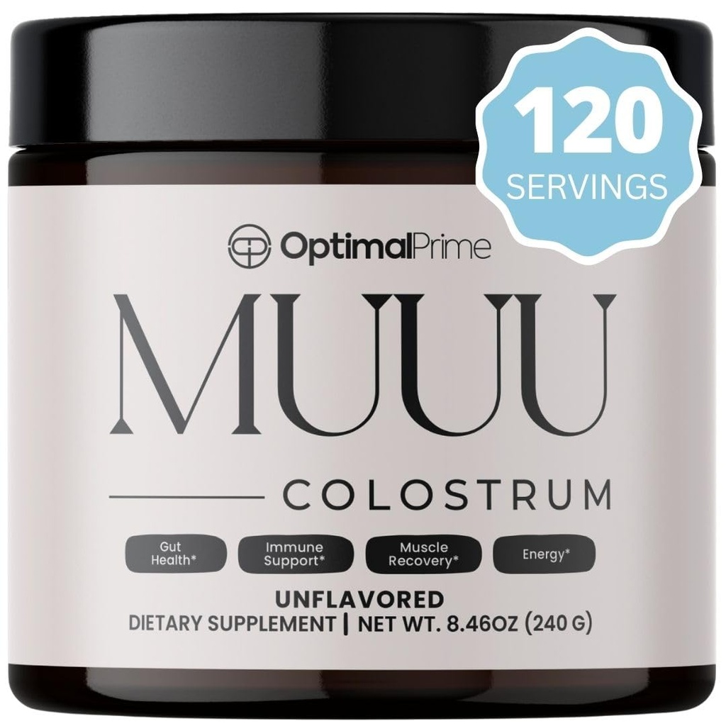 Optimal Prime - MUUU Bovine Colostrum Supplement ve Superfood Toz Gut Health, Bloating, Immune Support, Hair, Skin, and Nails Unflavored, 120 Hizmet