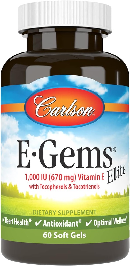 Carlson - E-Gems Elite, 1000 IU (670 mg) Tocopherols ve Tocotrienols, Optimal Wellness, 60 Softgels
