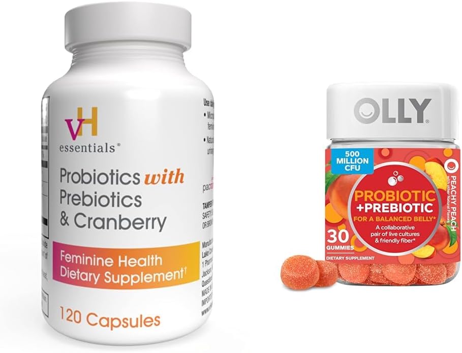 vH temelleri Prebiyotik ve Cranberry Feminine Health Capsules Sche ile OLLY Probiyotik + Prebiyotik Gummy Digestive ve Gut Health Chewable Supplement Supplement