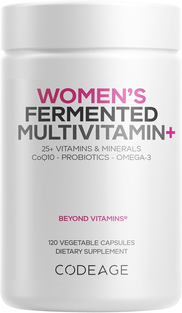 Codeage Women’s Daily Multivitamin, 25+ Vitamins & Minerals, Fermented, Organic Whole Foods, Probiotics Supplement - Vitamin A, B, C, D, E & K, Omega 3, Zinc – Vegan - 120 Capsules