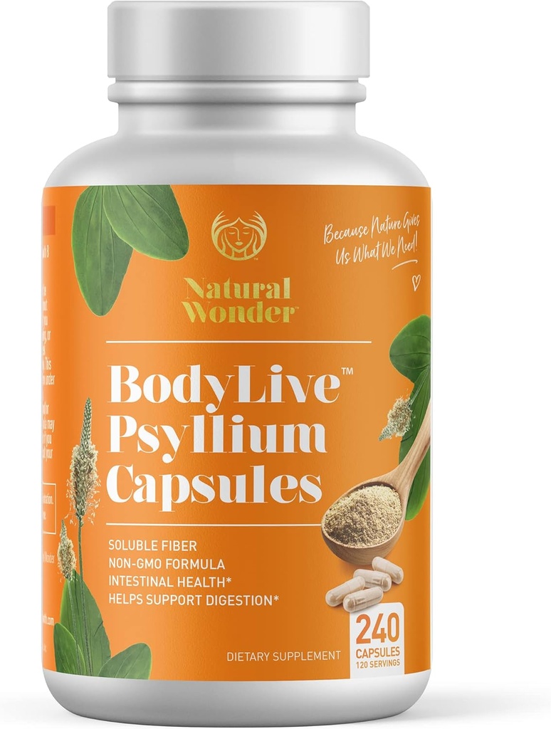 BodyLive Psyllium Husk Fiber Capsule Non-GMO 725 mg, 240 Capsules (1450 mg/serving, 120 Hizmet) Kolon Temizliği, Düzenlilik, Sağlıklı Digestion, Prebiyotik, Laxative, Heart Health