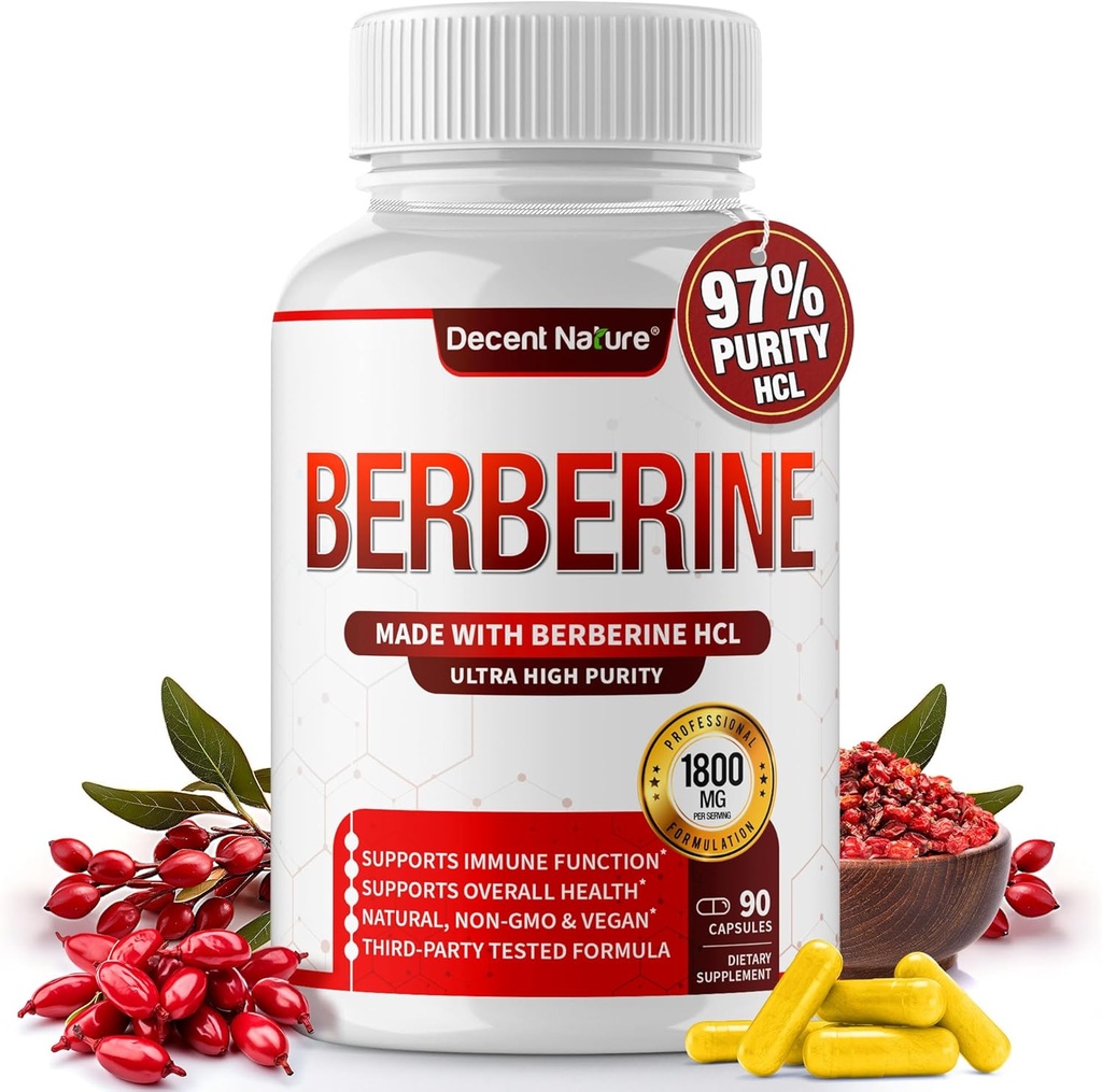 Berberine Supplement 1800 mg - Premium Berberine HCl % 97 Yüksek boy, Destekler Immune System, High Potency Hydrochloride & Extract, Activates AMPK & GLP-1, Non-GMO Vegan, Erkekler için 90 Capsules