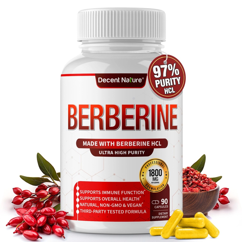 Berberine Supplement 1800 mg - Premium Berberine HCl % 97 Yüksek boy, Destekler Immune System, High Potency Hydrochloride & Extract, Activates AMPK & GLP-1, Non-GMO Vegan, Erkekler için 90 Capsules