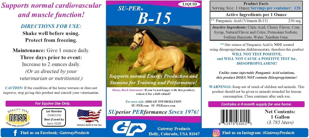 SU-PER B-15 συμπλήρωμα βιταμίνης για τα άλογα - Equine Vitamin B-15 Υγρό για την υποστήριξη της απόδοσης - Υποστηρίζει την κανονική καρδιοαγγειακή ανοσοποιητική & μυϊκή λειτουργία - 1 Gallon, 4 μήνες προσφοράς (120 ημέρες)