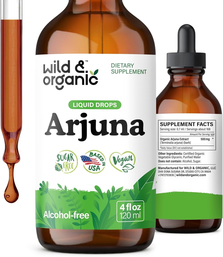 Wild & Organic Arjuna Bark Tincture - Overall Well-Being Supplement - Alcohol-Free Liquid Drops - Terminalia Arjuna Bark Extract - No Sugar & Additives, Non-GMO - 4 fl oz