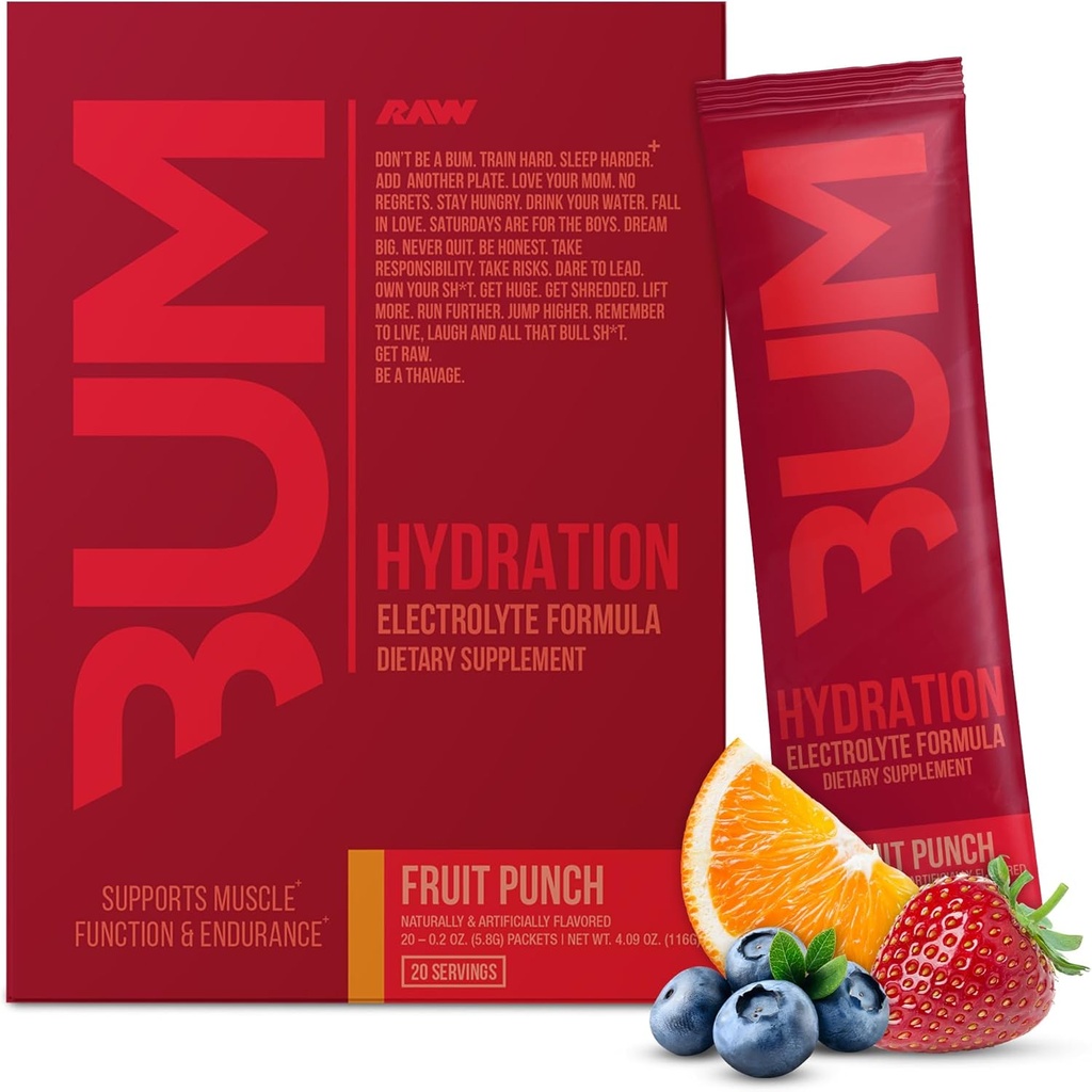 RAW Electrolytes Powder Hydration Drink Mix Packets, BUM Hydrate (Fruit Punch, 20 Servings) - Electrolyte Hydration Packets Supports Muscle Function & Endurance - Keto Free Electrolytes Powder Packets
