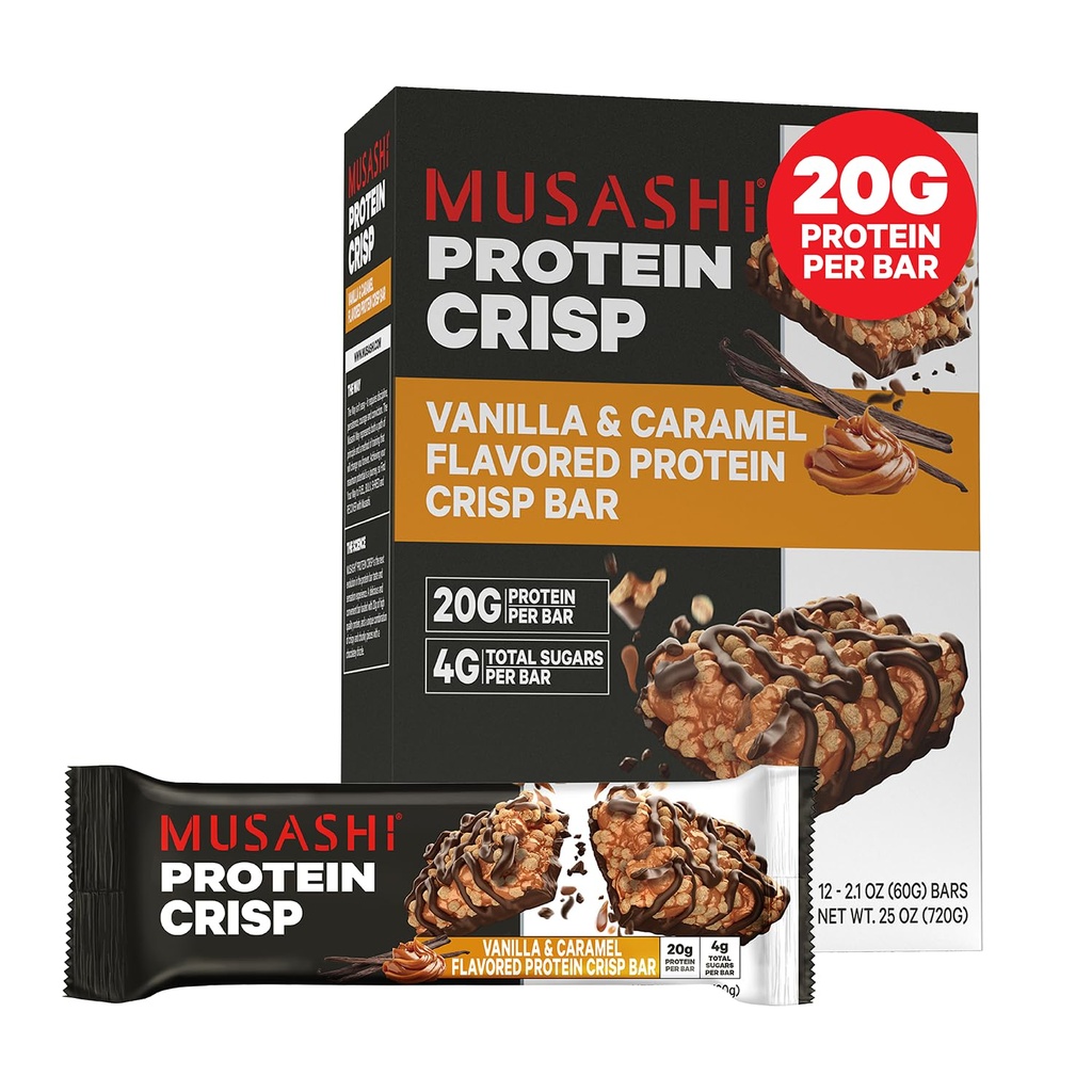 MUSASHI Protein Crisp Bar, 20g protein, 4g Total Sugars, Vanilla & Caramel, Post Workout and Snack On The Go, 12 Pack of 2.1oz (60g) Bars