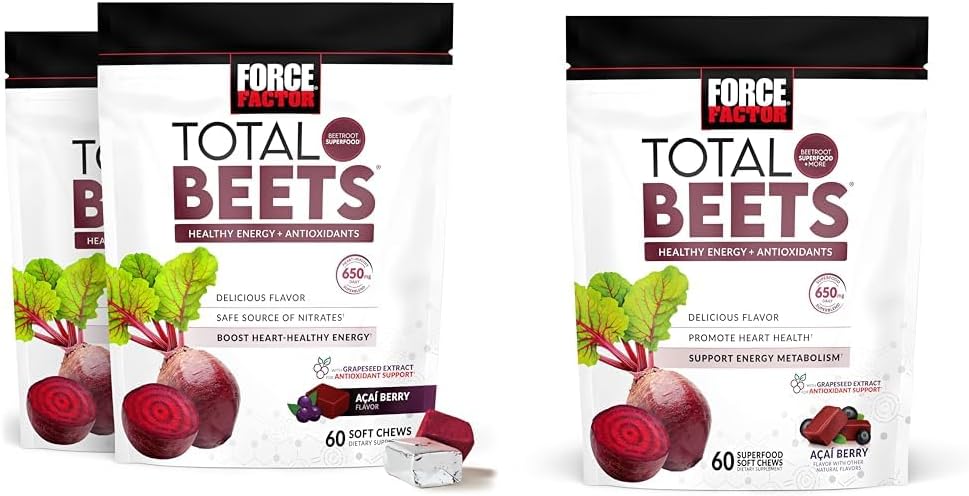 Force Factor Total Beets Soft Chews with Beetroot, Nitrates, L-Citrulline, Grapeseed Extract & Antioksis, Health Supplement, 120 2Pack & 60 Count