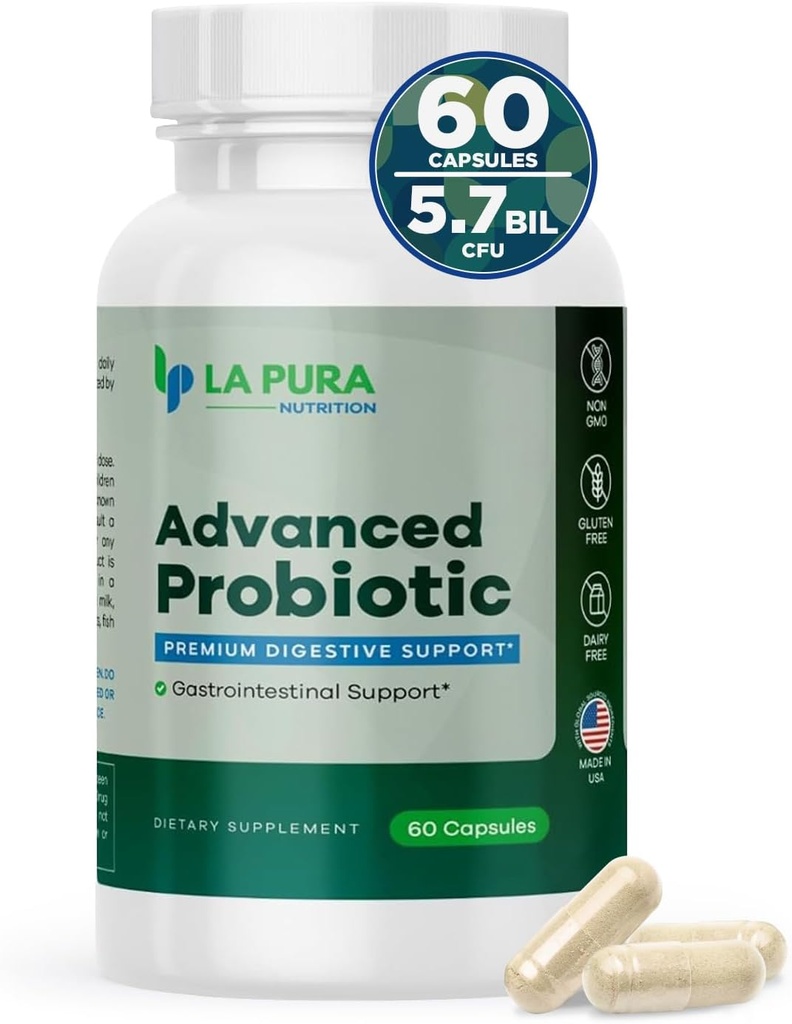 LaPura Advanced Probiyotik - The Premium Digestive Support for Gut & Immune Health, 60 Capsules - 575 Milyar CFU Probiyotiks Including DE111 Strain (Bacillus subtilis) - ABD'de yapılan Gluten-Free