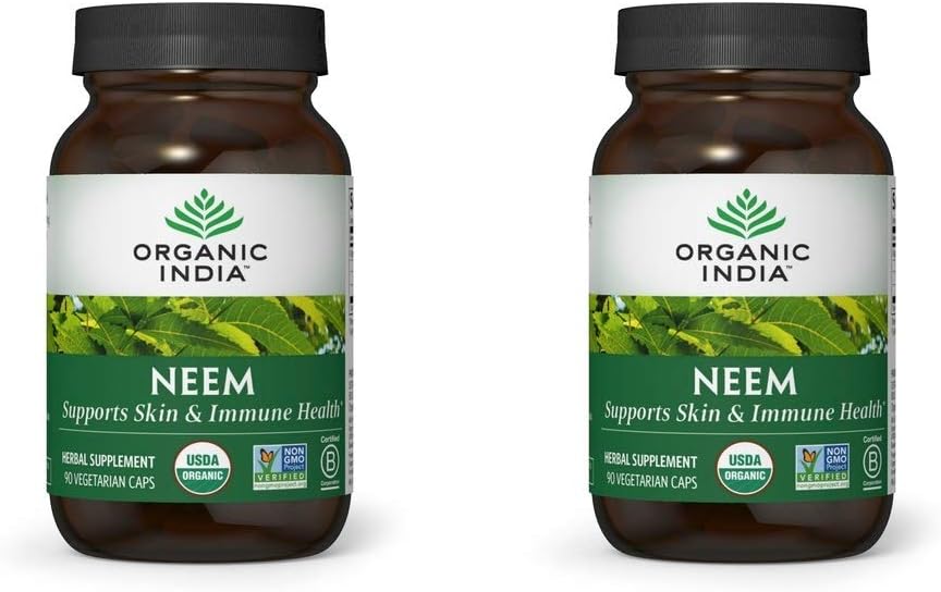 ORGANIC INDIA Neem Leaf Capsules, Herbal Supplement - Destekler Skin, Immune, & Liver Health, Detox, Vegan, Gluten-Free, USDA Sertifikalı Organik - 90 Capsules (2-Pack)