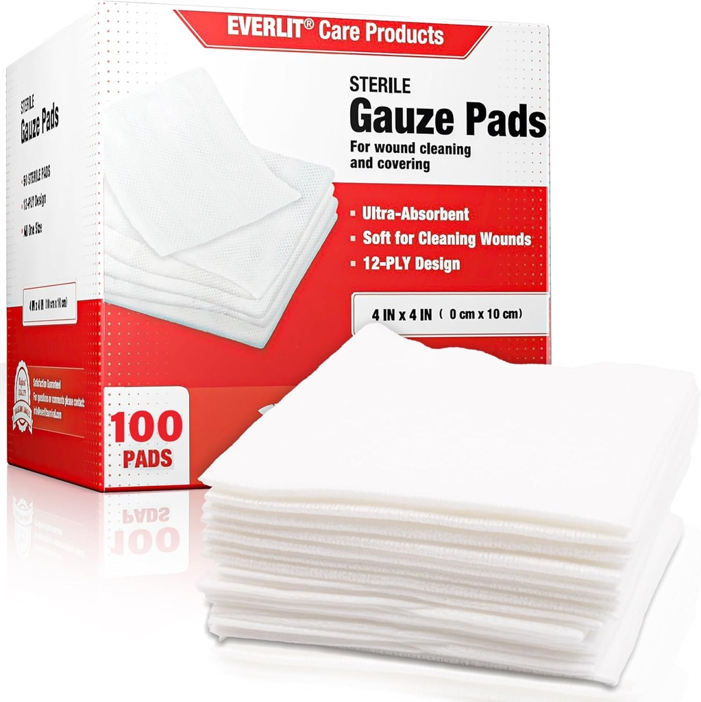EVERLIT [Extra-Thick] 4'x4' Sterile Gauze Pad 12Ply, 100 Pack, Bireysel yuvarlandı, Ultra Absorbent Large Non-Woven Medical Gauze Sponges for Yara Care Home First Aid Kit