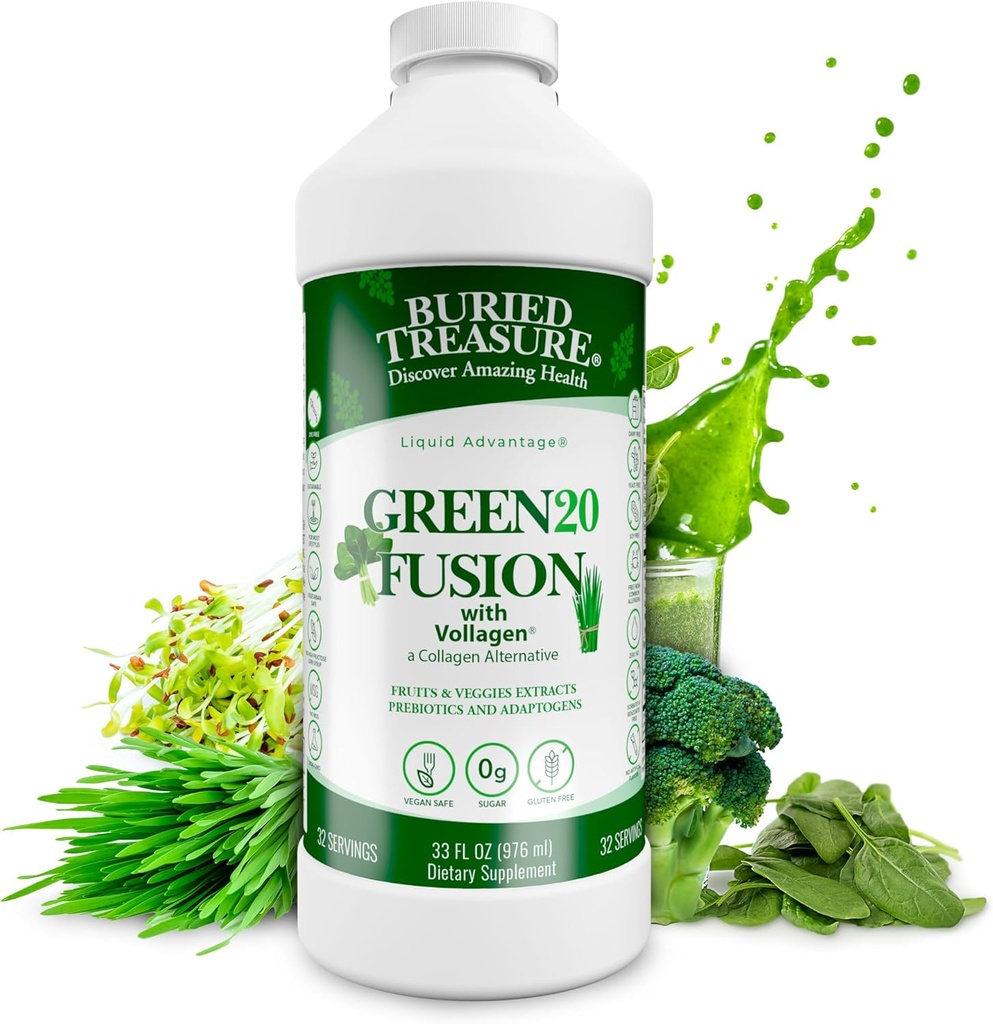 Buried Treasure Green20 Fusion – Superfood Mix with Vollagen for Skin, Hair, and Joint Support, Plant-Based, Vegan, Non-GMO Gluten-Free, Dairy-Free, Soy-Free, 32oz Liquid