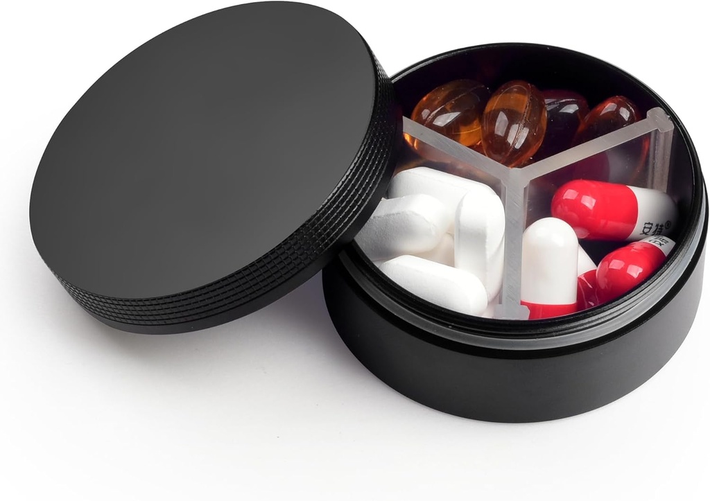 Küçük Pill Case 3 Karşılaştırma, Metal Round Portable Pill Box, Sualtı Seyahat Pill Organizer, Pocket Purse Tıp Vitamini EDC Konteyner (Black)