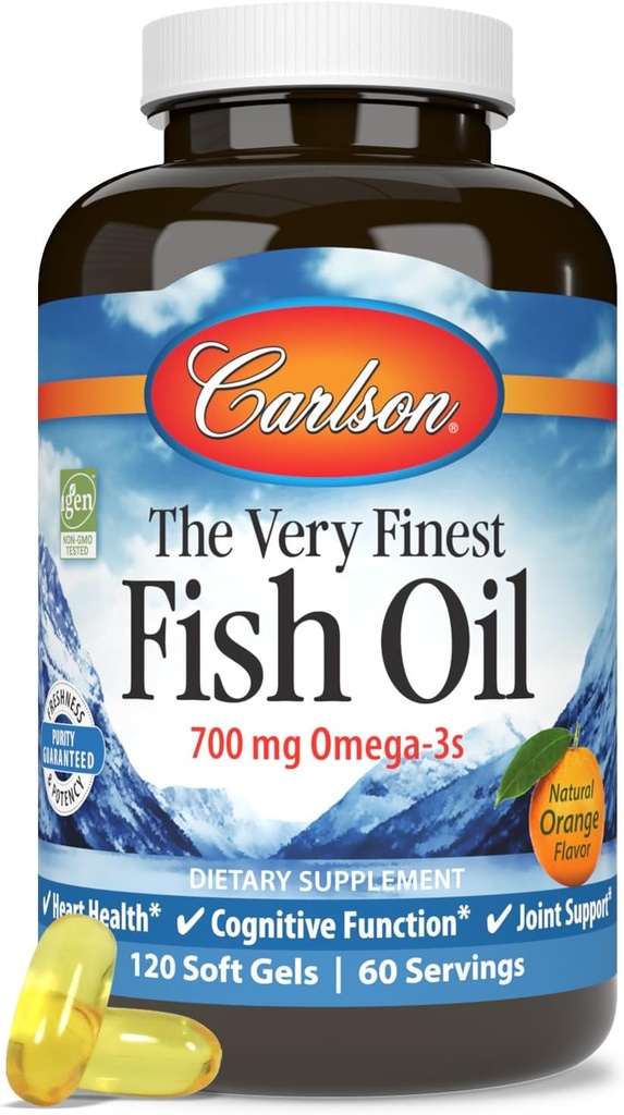 Carlson - The Very Finest Fish Oil, 700 mg Omega-3s, Νορβηγικό συμπλήρωμα ιχθυελαίου, Wild Captated Omega 3 Fish Oil, Sustainablely Soured Fish Oil Capsules, Omega 3 Supplement, Orange, 120 Softgels