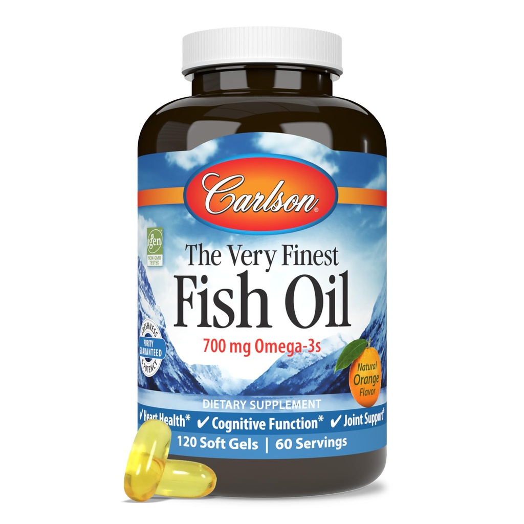 Carlson - The Very Finest Fish Oil, 700 mg Omega-3s, Norveç Fish Oil Supplement, Wild Caught Omega 3 Fish Oil, Sustainable Sourced Fish Oil Capsules, Omega 3 Supplement, Orange, 120 Softgels