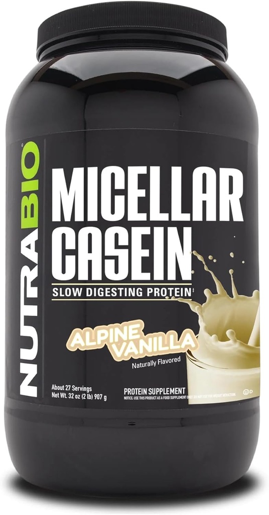 NutraBio Casein Protein Toz, Micellar Casien Toz, 25g Slow Digesting Protein, Size Tam, Gece Kas Kurtarma ve Büyüme, BCAA & EAA, Gluten Free, Soy Free, 2lb Vanilla