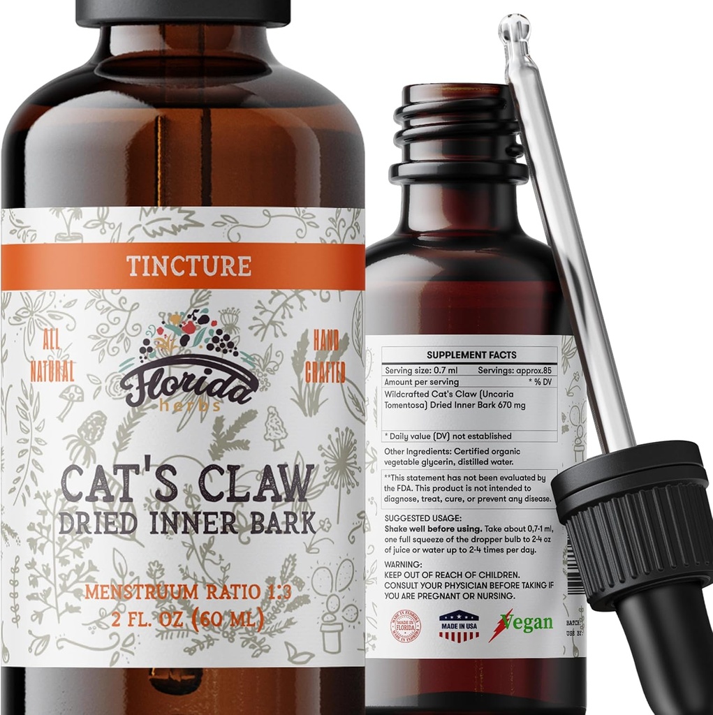 Cats Claw Tincture, Cat's Claw Extract Alkol Free Herbal Supplement Drops, Liquid Natural Digestive Health, Joint Health, Vegan - ABD'de Yapıldı - 2 Fl Oz