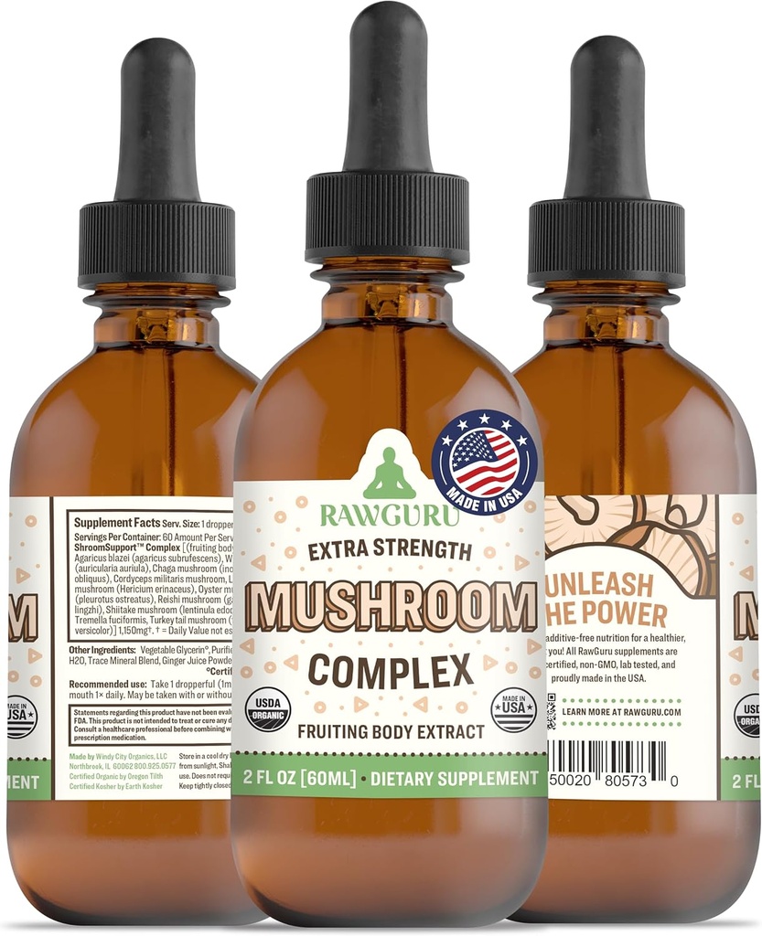 RawGuru Organik Mushroom Kompleksi - İz Mineralleri ile Organik Mushroom Ekstraksiyon - Nano-Processed Cognitive & Immune Support Supplement - 60 ml başına Vegan Drops'un 60 ml'si, Pack of 1