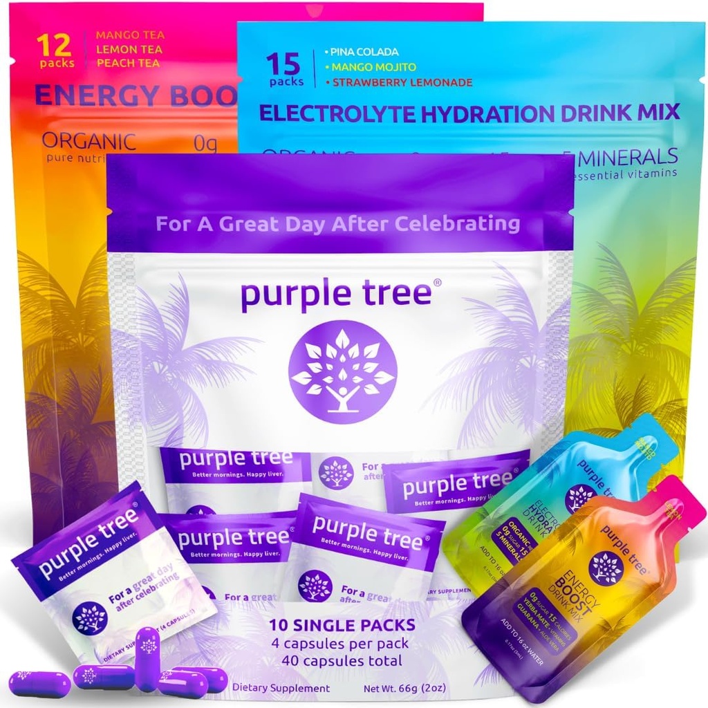 purple tree Premium 3x1 Combo: Μετα-Γιορτάζοντας χάπια ευεξίας, οργανική ενυδάτωση, Επόμενη μέρα Power Stick Packets 