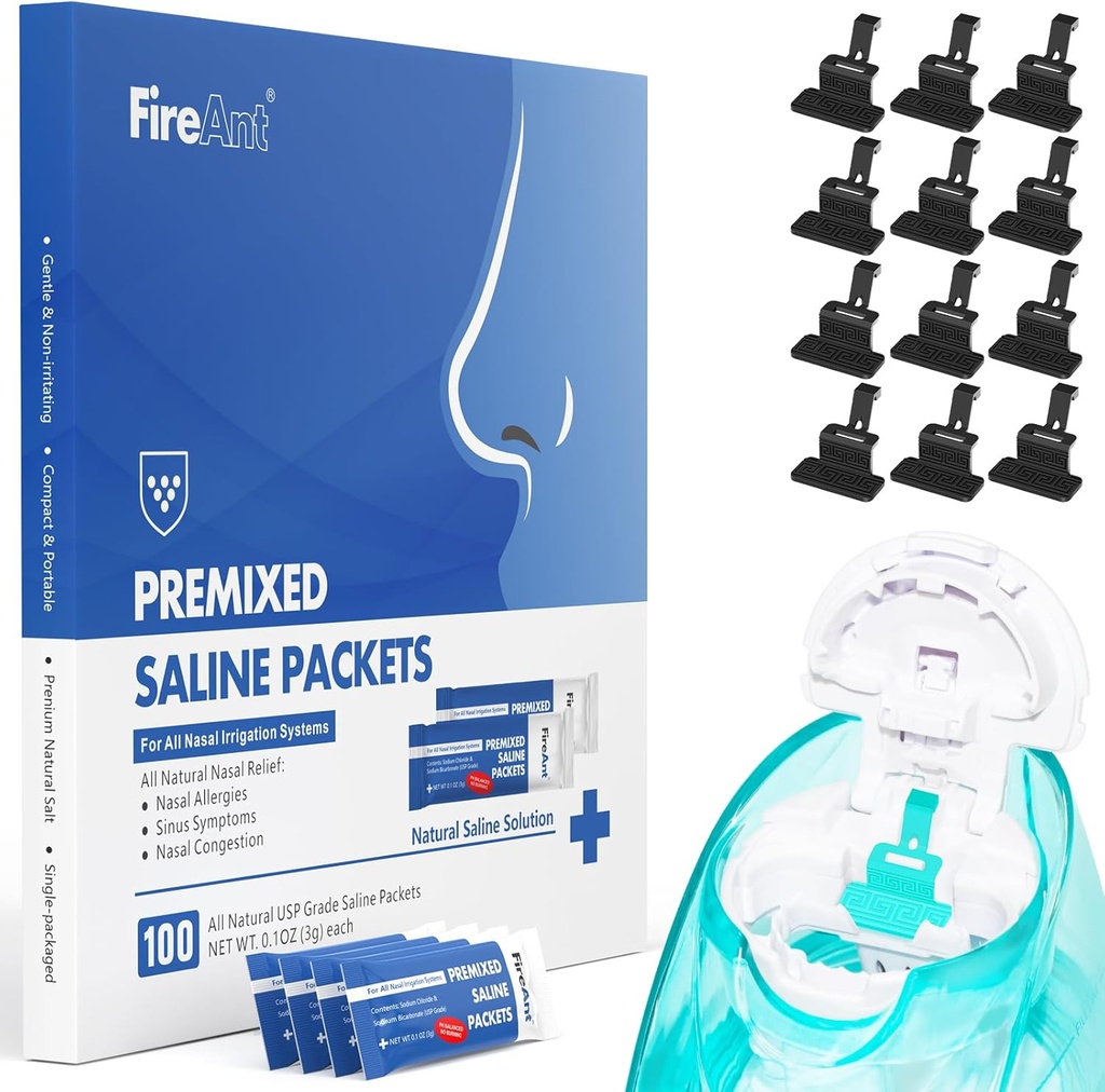 FireAnt 100 Saline Packets ve 12 Reusable Saline Pods Refills Set, Navage Nasal Care ile uyumlu - 100 Kont Salt Packets Sinus Rinse + 12 Pack Silikon Salt Pads Refill in Black