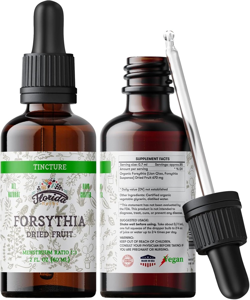 Forsythia Tincture, Organic Forsythia Extract (Lian Qiao, Forsythia Suspensa) Συμπλήρωμα υγείας, μη ΓΤΟ σε ψυχρής πίεσης οργανική γλυκερίνη 2 oz, 670 mg