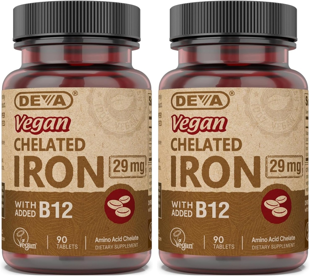 DEVA Διατροφή Vegan Chelated Iron 29 mg Ενισχυμένος με B-12 - Υψηλή Ικανότητα, Εύκολο στην Κατάποση - 90 δισκία, 2- Συσκευασία