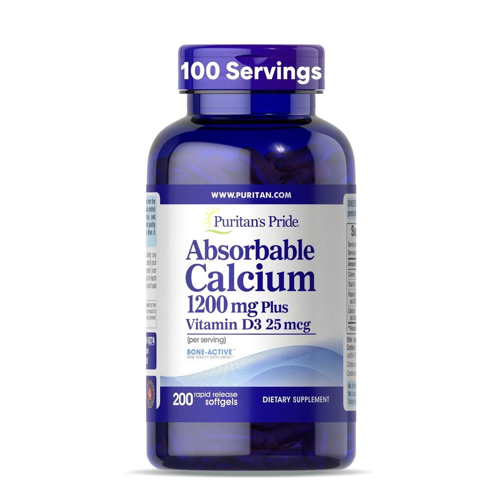 Puritan's Pride Απορροφήσιμο Ασβέστιο 1200 mg Plus Βιταμίνη D3 25mcg 1000 IU με Bone-ActiveTM, 200 Rapid Release Softgels