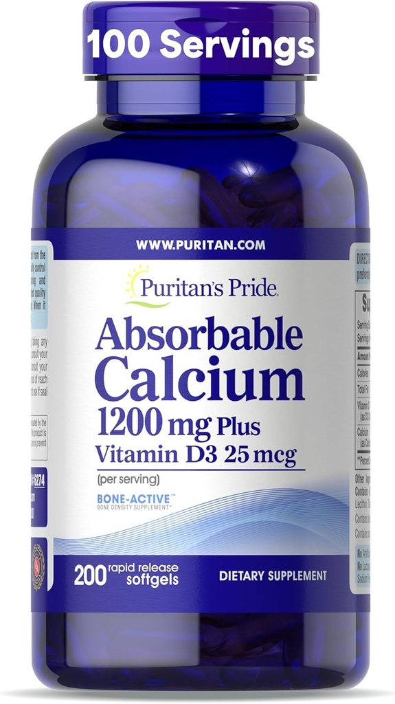 Puritan's Pride Absorbabledis 1200 mg Plus Vitamin D3 2506 1000 I with Bone-ActiveTM, 200 Hızlı Yayın Softgels