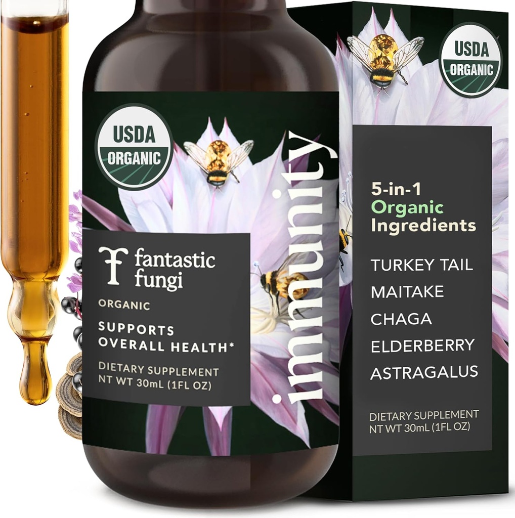 Fantastik Fungi Mushroom Extract Drops - Türkiye Tail Mushroom Extract, Maitake, Elderberries, Chaga & Astragalus - 5-in-1 Organik Immune Support Supplement, 30 Hizmet, 1 fl ozz
