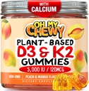 Θερμοφιλημένη βιταμίνη D3 K2 Gummies - Παιδιά, Έφηβοι & Ενήλικες - Συμπλήρωμα για υγιή δόντια, οστά, ενέργεια και ανοσία - 5000 IU D3, 120 mcg K2(MK-7), 120 mg Ασβέστιο - Vegan & Non-GMO - 120 Count