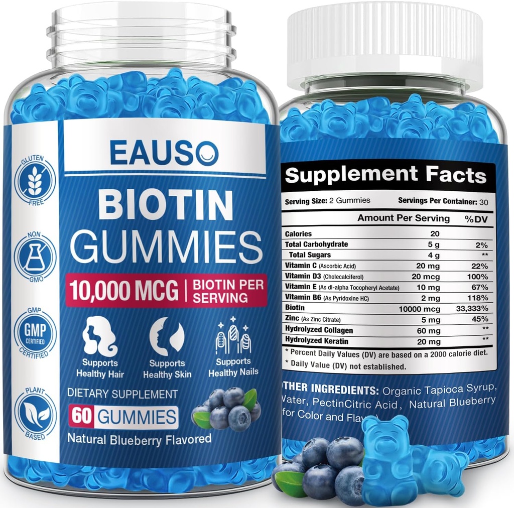 Ekstra Kuvvetli Saç, Skin & Nails için 10.000 Telefon Biyotin Gummies - 60 Gummies - Vegan, Non-GMO, Health Supplement