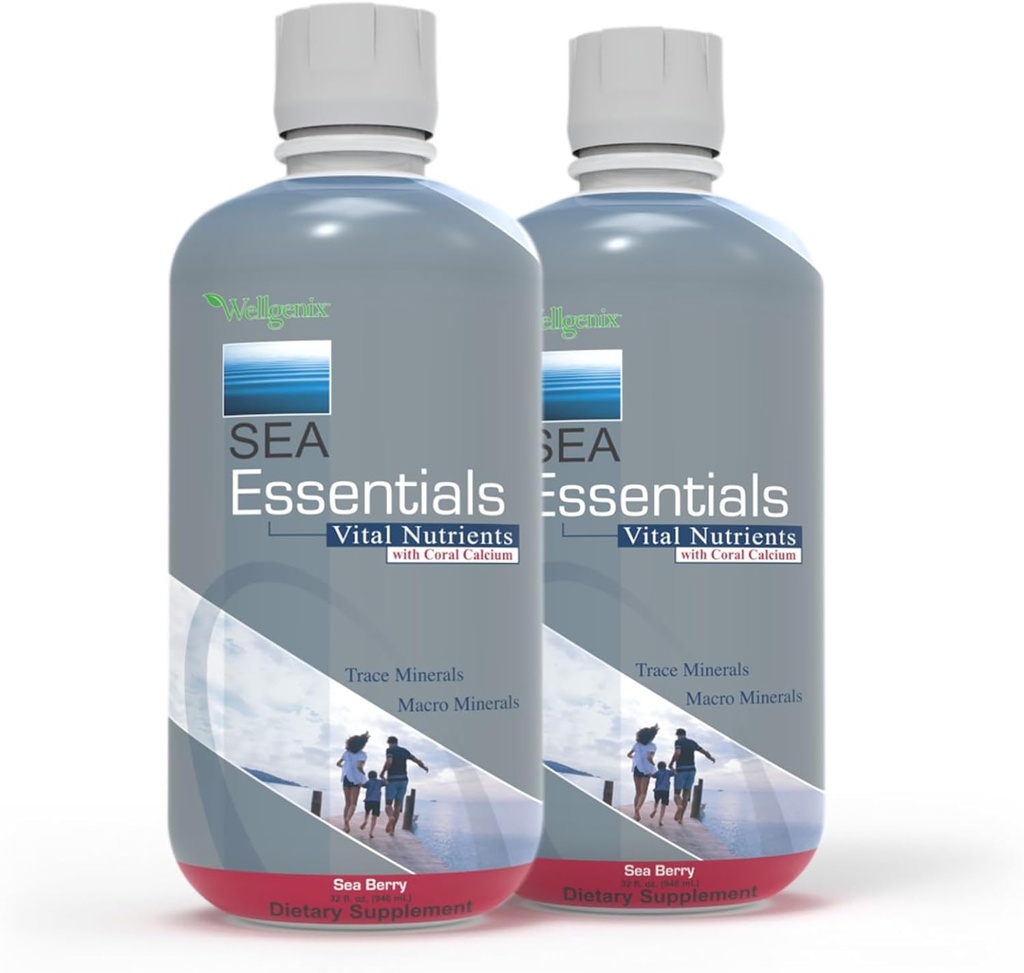 Wellgenix Sea Essentials Nutritional Multivitamin Supplement - Liquid Coral Calcium, Trace & Macro Minerals, 1 Oz Daily, Sea Berry Flavor - για άνδρες & γυναίκες, ενήλικες & παιδιά, 32 fl Oz (Pack of 2)