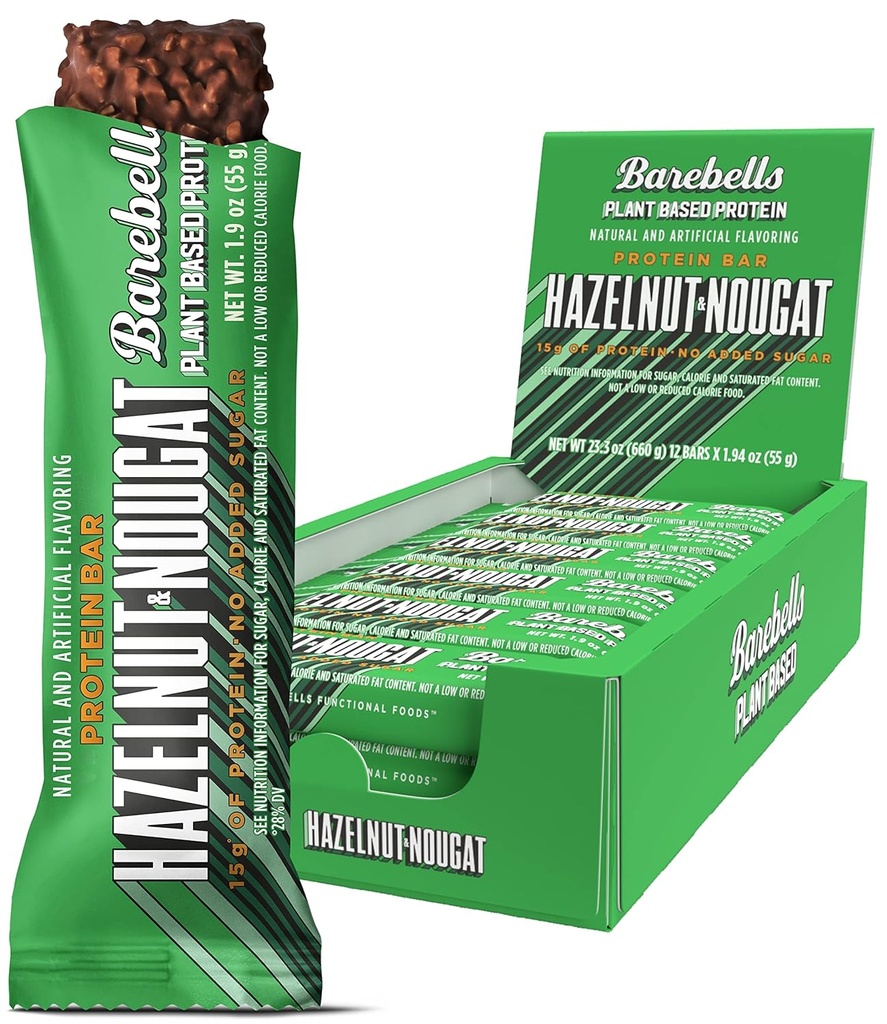 Barebells Vegan Protein Bars Hazelnut & Nougat - 12 Count, 1.9oz Bars - Χαρακτηριστικά Φυτική βάση Protein Bar με 15g Πρωτεΐνη - Σοκολάτα Πρωτεΐνη Σνακς με Μόνο 1g Σύνολο Σάκχαρα - Ιδανικό για