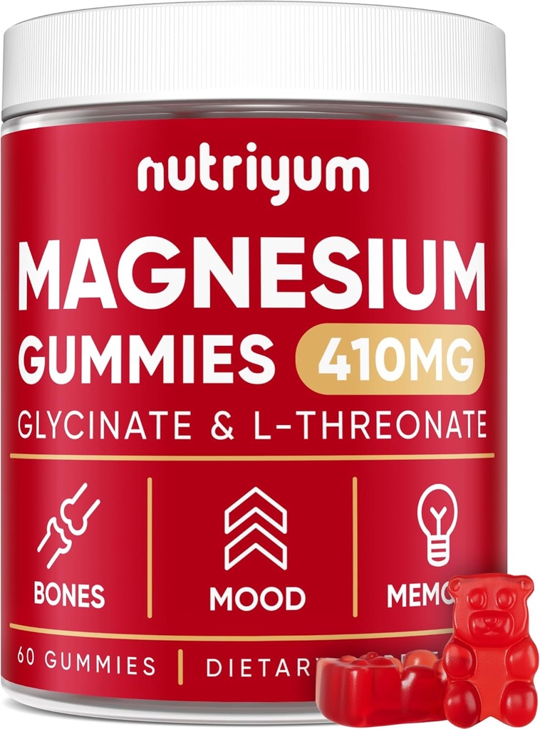 Magnezyum Glycinate Gummies for Yetişkinler & Çocuklar - 410 mg Elemental L Magnezyum-Threonate Chewables for Bones & Memory Support, Calm Mood - 2 Ay Supply Magnezyum Gummies Supplement Kompleksi - 60 adet
