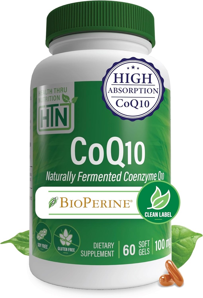 Health Thru Nutrition CoQ-10 100mg with BioPerine 60 Softgels | High Absorption Naturally Fermented USP Grade Coenzyme Q10 Supplement | 3rd Party Tested | Heart Health and Energy Support