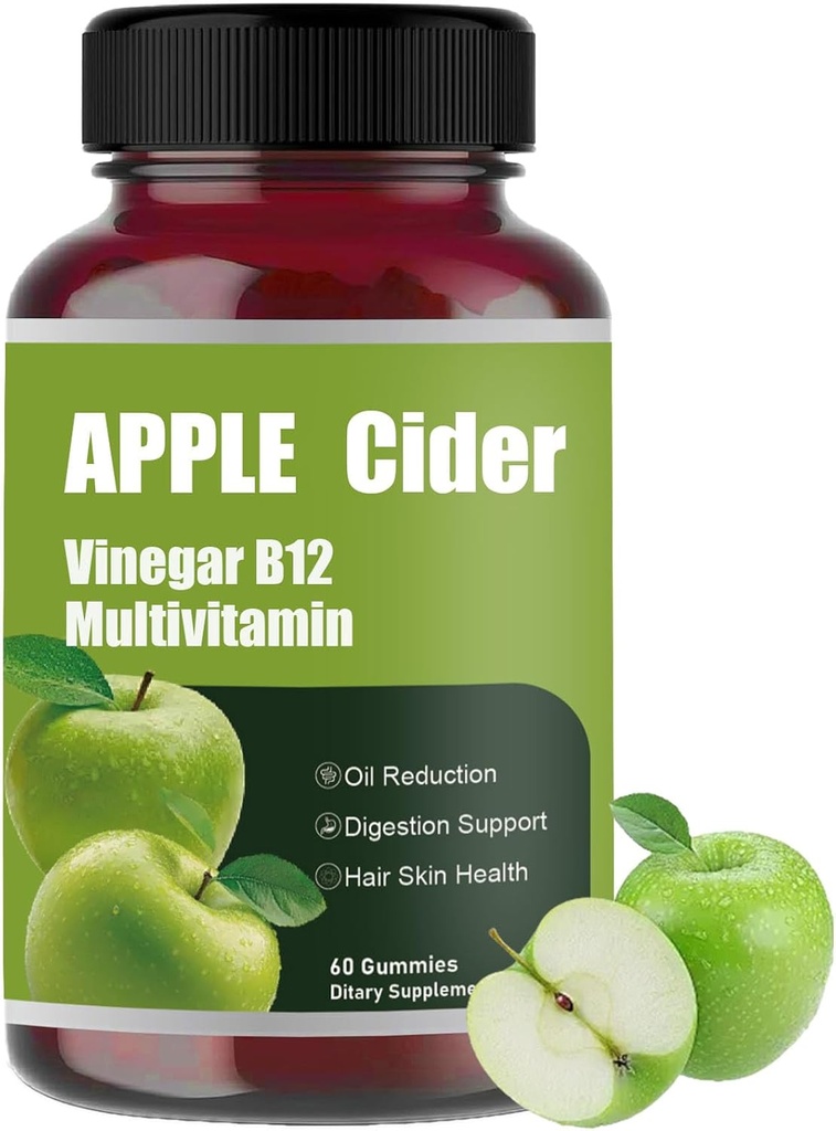 Apple Cider Gummy- Apple Cider Vinegar B12 Multivitamin, Natural Apple Cider Vinegar Gummies - Vinagre de Sidra de Manzana Gomitas - Vegan & Gluten-Free - 60 Gummies (1)