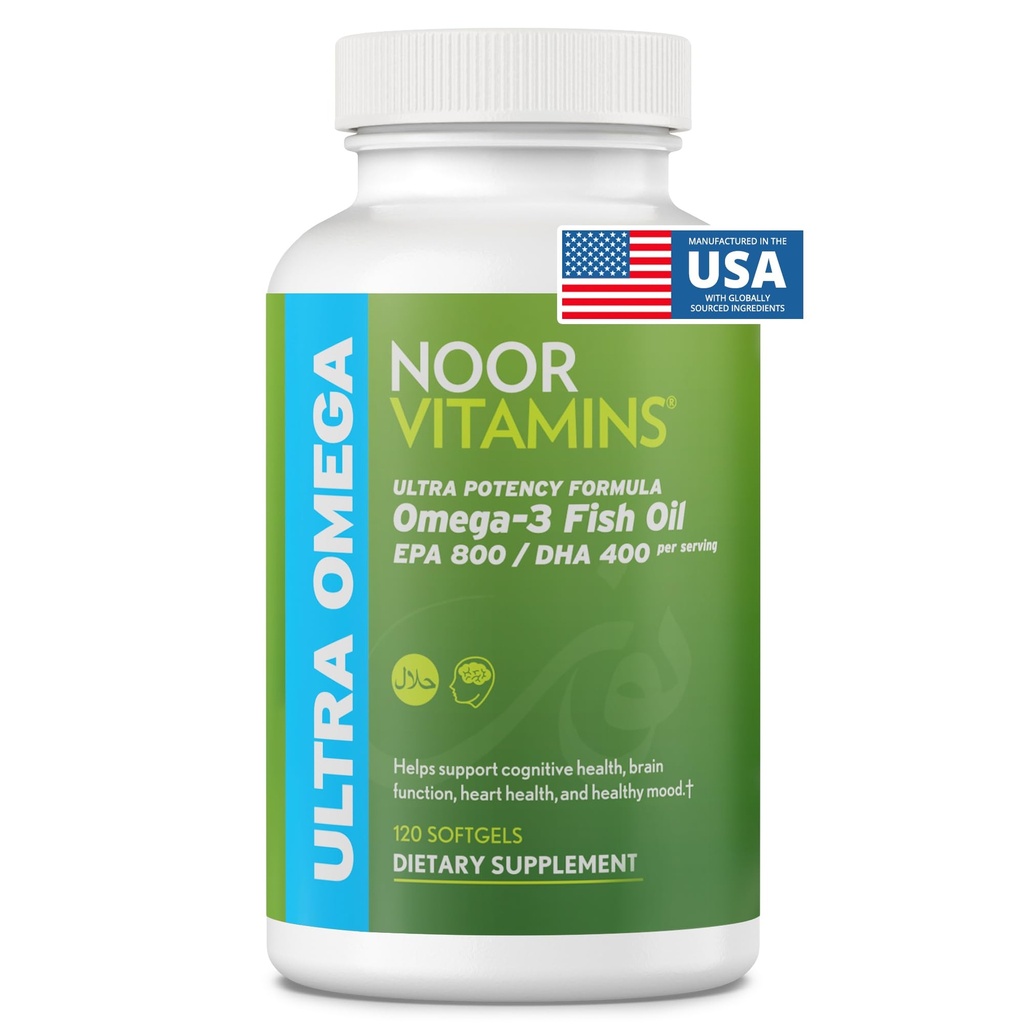 Noor Vitamins Halal Fish Oil, Halal Vitaminler, Ultra Omega 3 Wild Peruvian Fish (800 mg EPA & 400 mg DHA) Kalp, Beyin ve Ortak Destek, Non-GMO ve Gluten Free (120 Count)