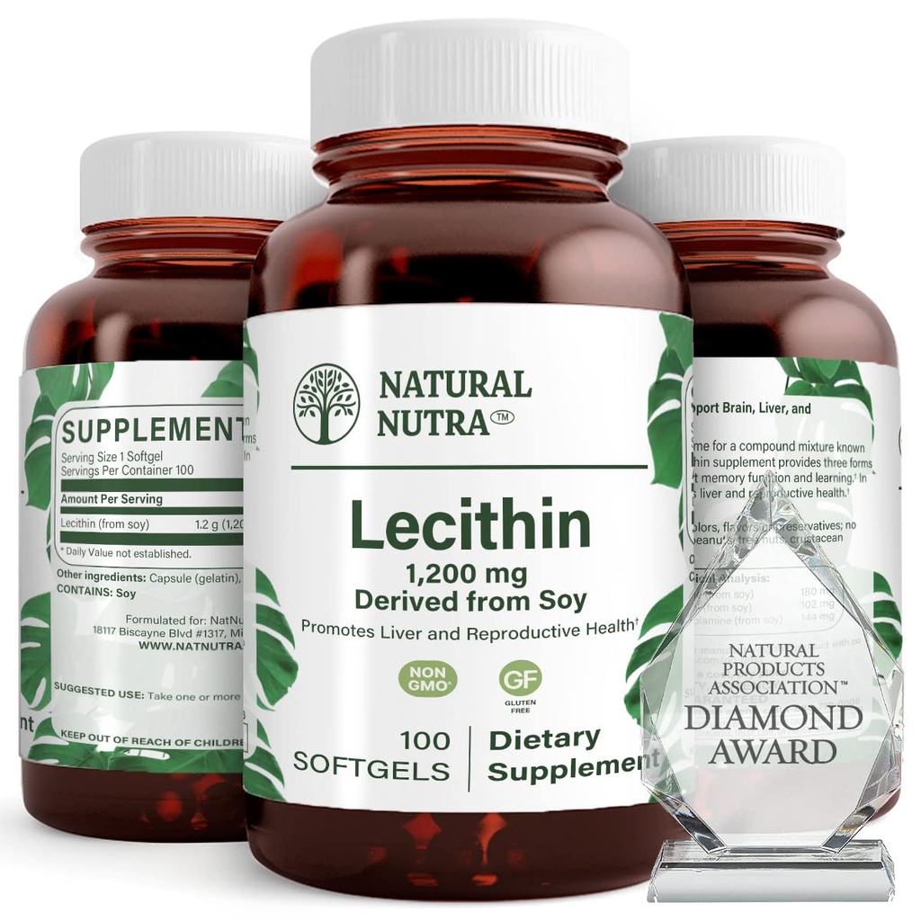 Doğal Nutra Soy Lecithin 1200 mg Diyeter Supplement - Beyin Fonksiyonu, Liver Health, Hepls Meme Sağlığı, Memory Boosting Supplement - Gluten-Free, Honda-Free, 100 Softgels in Recyclable Glass Şişes